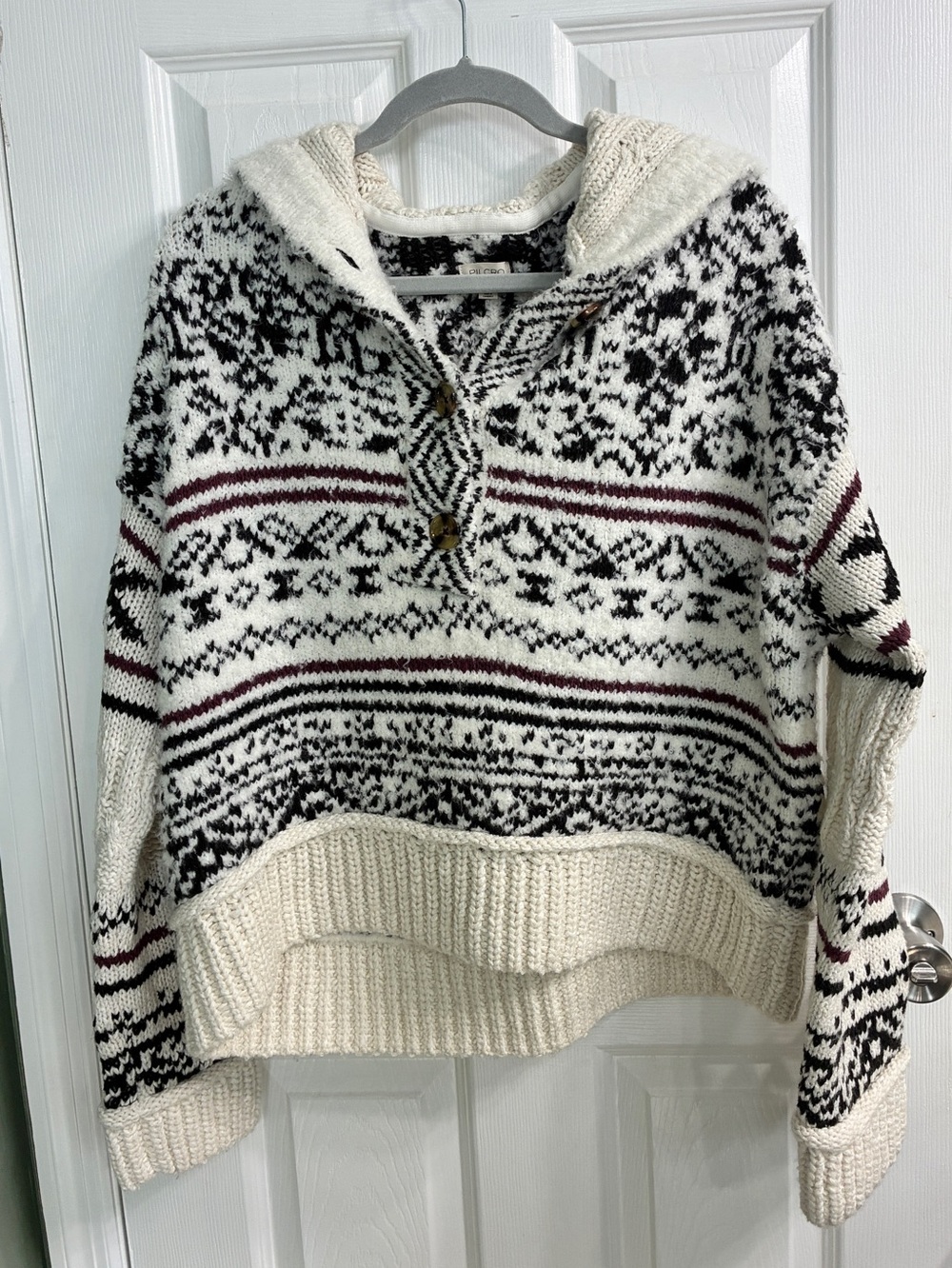 PILCRO Anthropologie Hooded Fair Isle Sweater - Cream, Black & Burgundy Medium